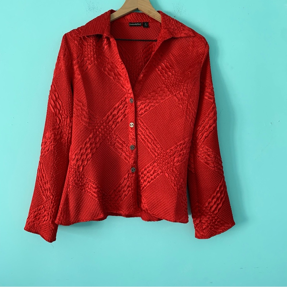 Essentials By Milano Crinkle Red Long Sleeve Relaxed Textured Blouse Medium